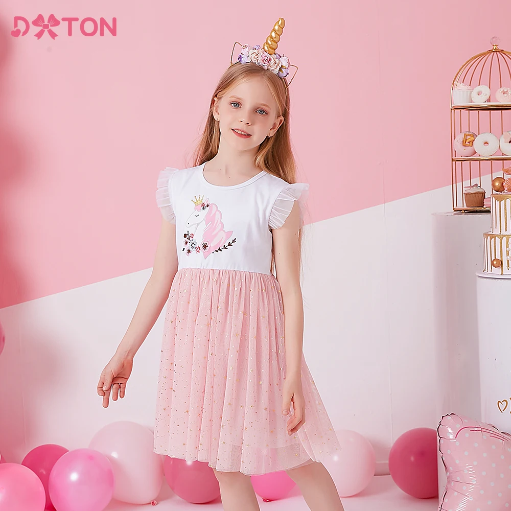 

DXTON Summer Girls Dress Unicorn Cartoon Splicing Mesh Party Princess Dresses for 3 to 8 Years Girls Birthday Elegant Clothes