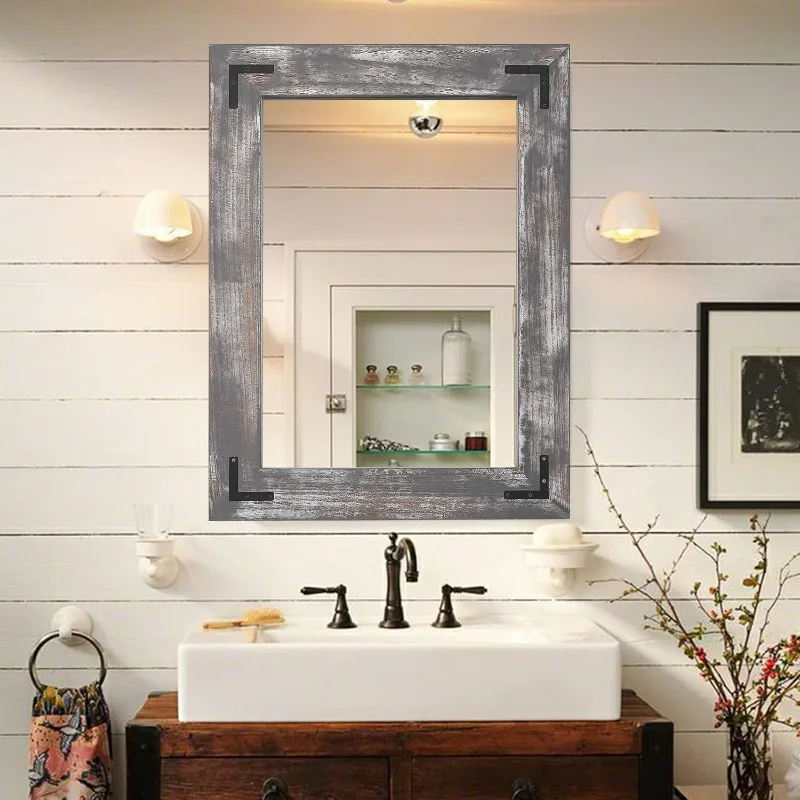 Rustic Wooden Framed Wall Mirror,Natural Wood Bathroom Vanity Mirror for Farmhouse Decor,Vertical or Horizontal Hanging,30" x20"