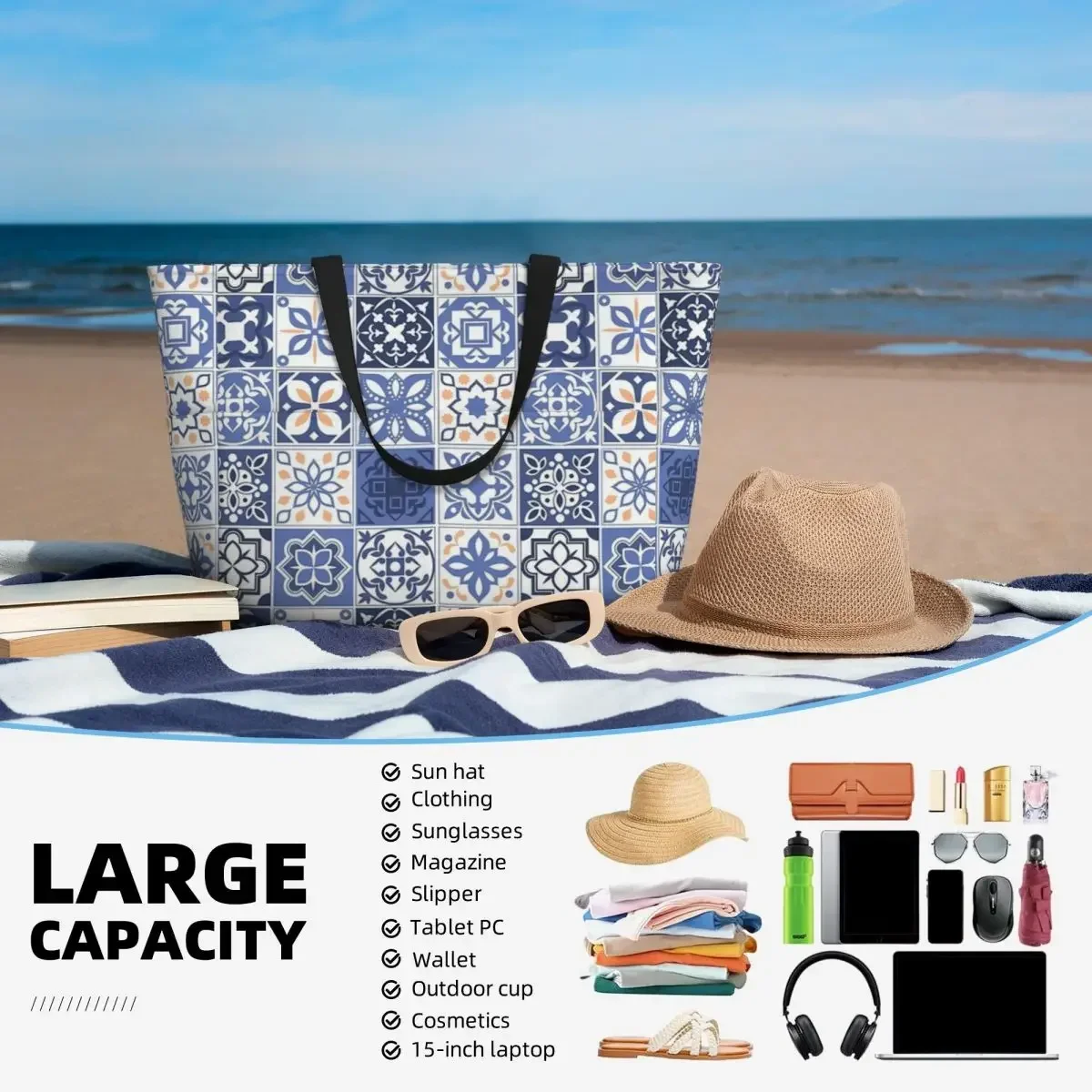 Blue Portuguese Tile Beach Travel Bag, Tote Bag Popular Practical Out Birthday Gift Multi-Style Pattern