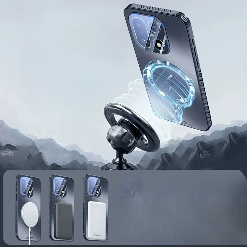 Luxury Matte Magnetic Case with Edge Cooling and Lens Tempered Glass Film for Wireless Charging Compatibility