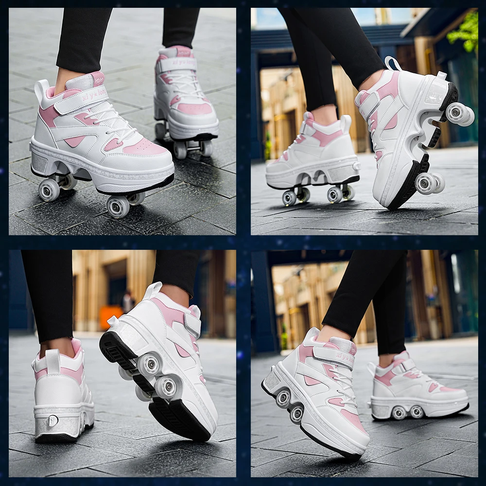 Unisex Dual-Purpose Pop-Up Sneakers with Wheels High Top 4-Wheel Speed Roller Casual Skating Shoes for Women