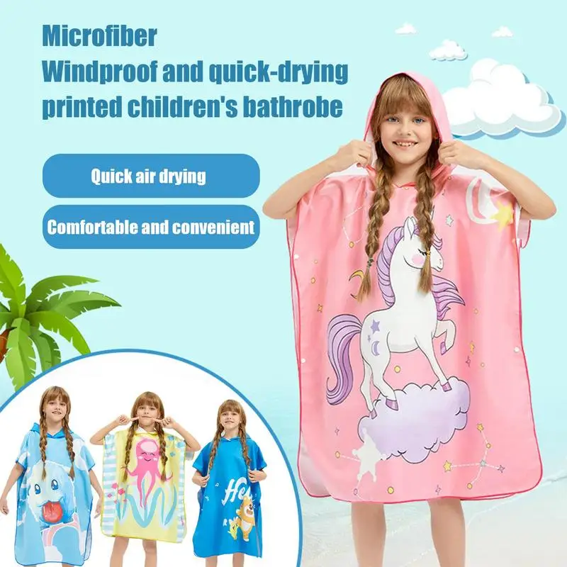 Kids Hooded Bath Beach Poncho Towels Cartoon Quick Dry Swim Surf Towel Bathrobe Poncho Towels Soft Microfiber Changing Towel