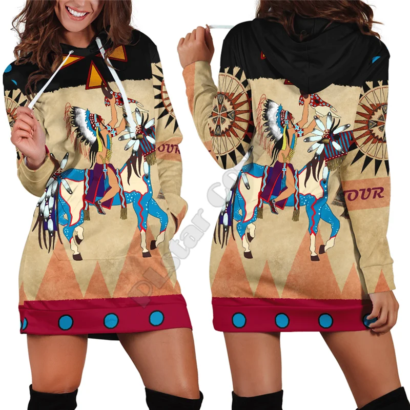 3D printed Native Horse Ledger Art War Woman And Horse Customized Hoodie Dress Harajuku Streetwear Pullover Unique Woman