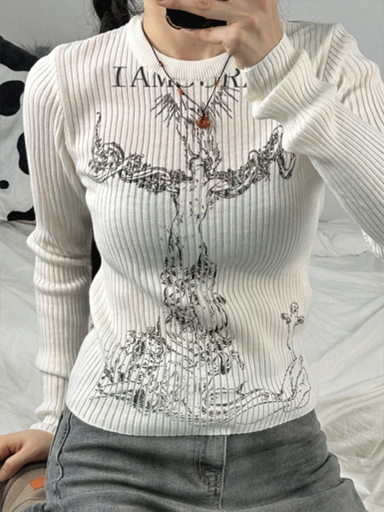 Gothic Print Ribbed Long Sleeve Knit