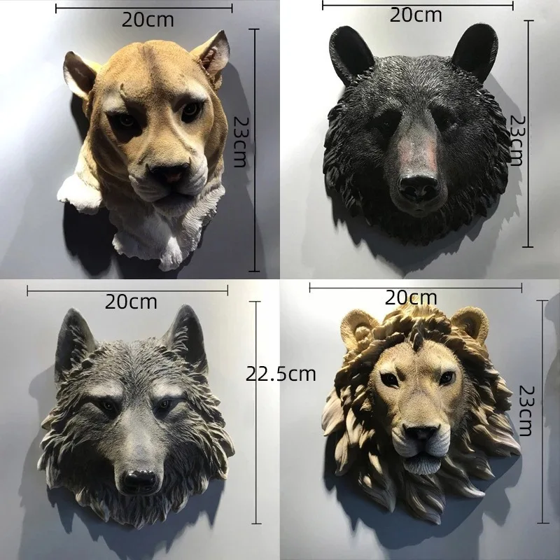 

Animal Head Wall Hanging Ornament Lion Bear Leopard Wolf Figurine Resin Furnishing Accessory Pastoral Style Room Decor