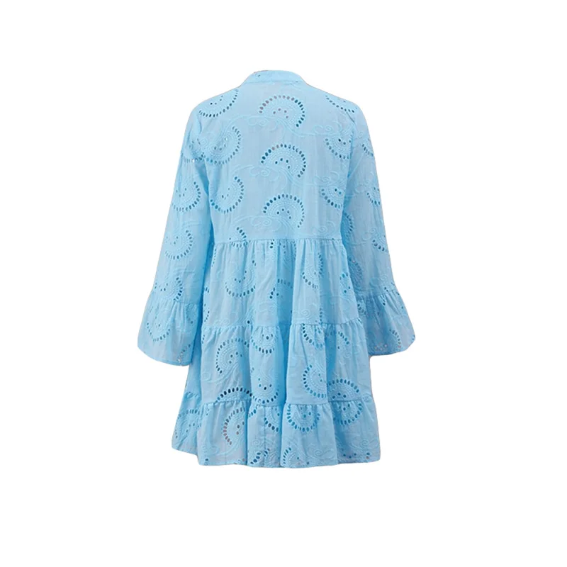 Beach Dress Women Embroidery Lace Eyelet Hollow Out 3/4 Sleeve Single Breasted Mini Dress y2k Vacation Dresses