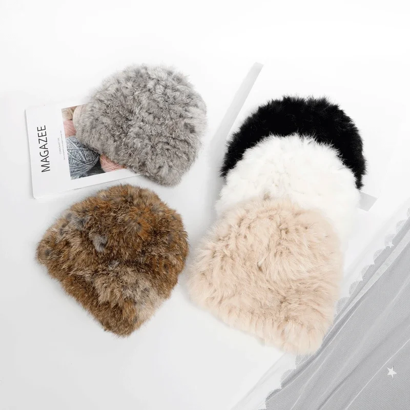 Women's Rabbit Fur Hat Thickened Warm Plush Real Rabbit Hair Baotou Hat Autumn and Winter Cold Protective Ear Cotton Cap Fur Hat