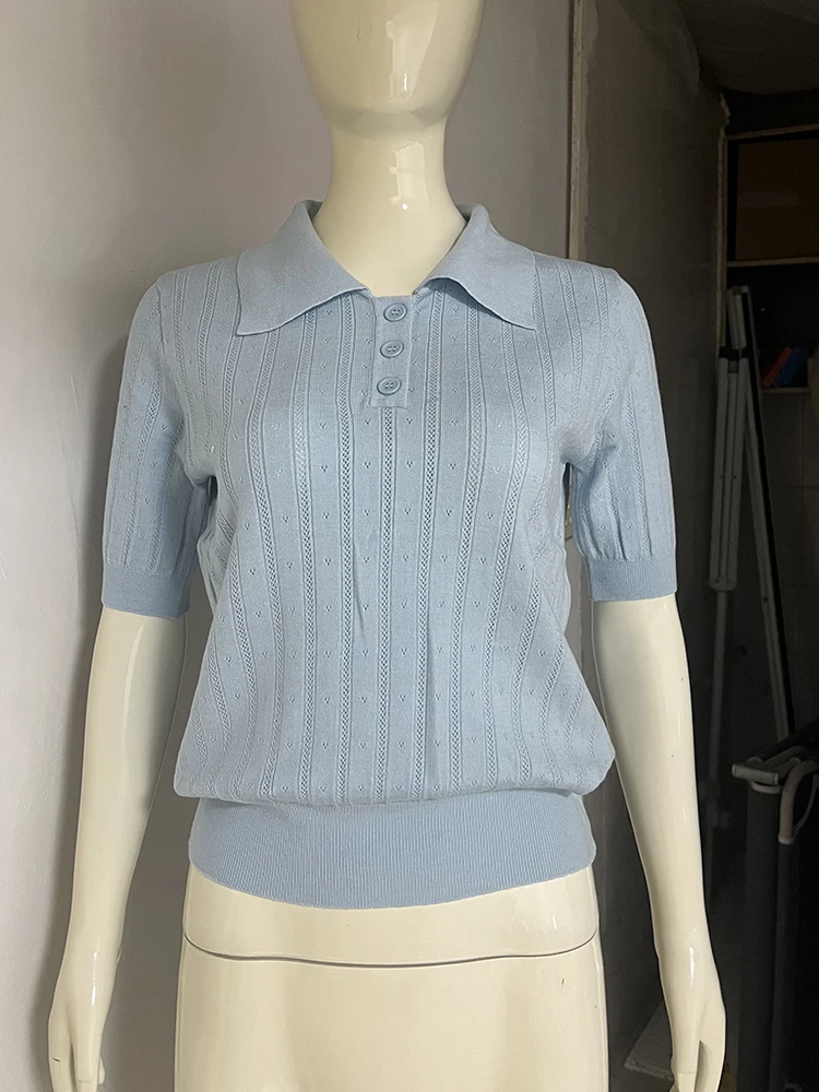 Tornova Hollow Short Sleeve Knitted T Shirt For Women Lapel Casual Solid Top Pullover 2025 New Summer Fashion Female T shirt 5 Sebc71388781e4f3dba8da55bf6f2dc98R