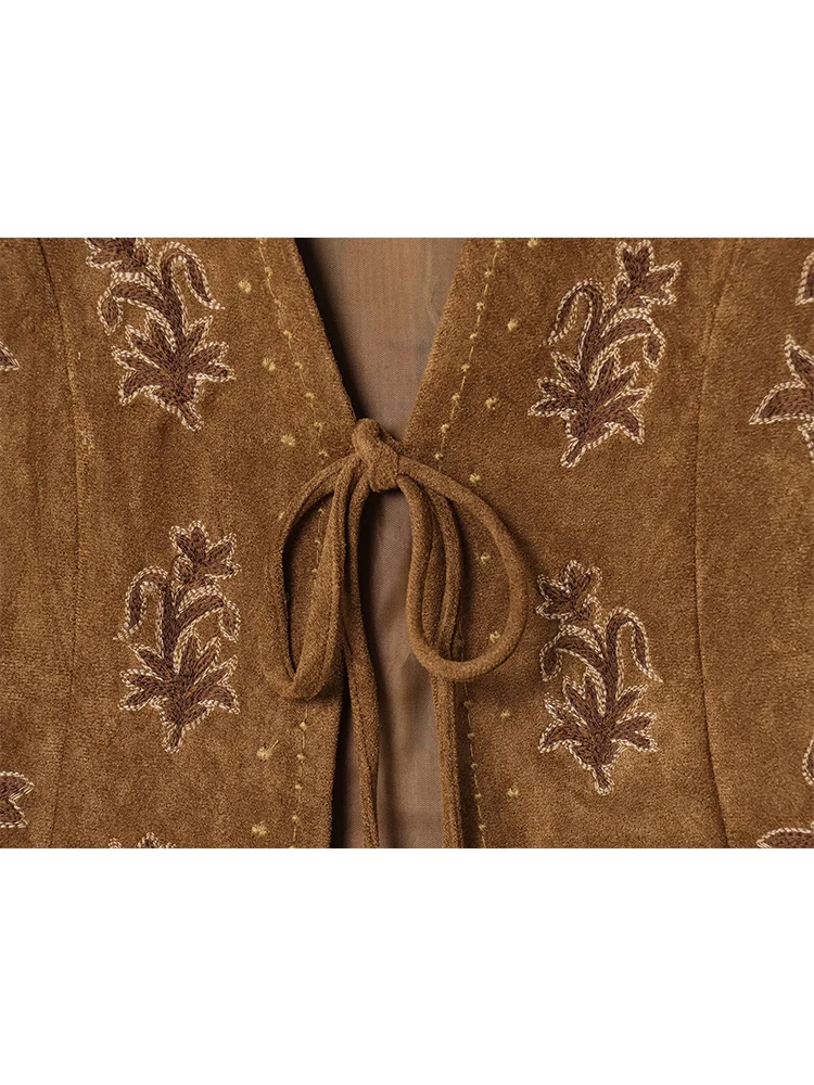 Vintage Autumn Women Embroidered Vest Sleeveless Jacket Elegant V Neck Chic Suede Lace Up Waistcoats Female Fashion Vests Coat