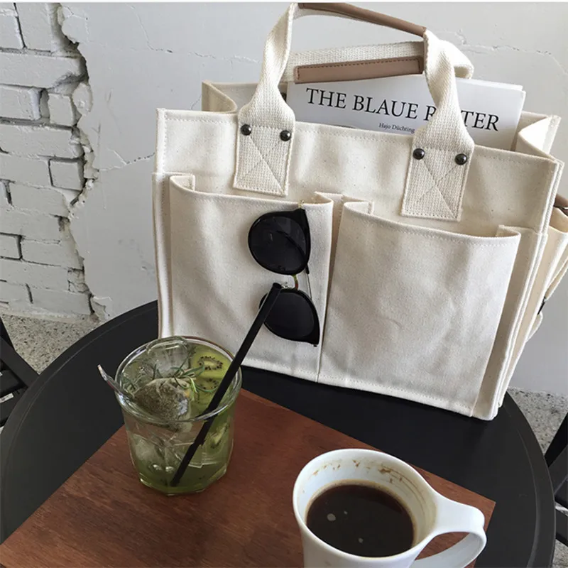 

Canvas Simple Totes With Many Pockets Messenger Bags Large Capacity Shoulder Bag Female Big Handbag