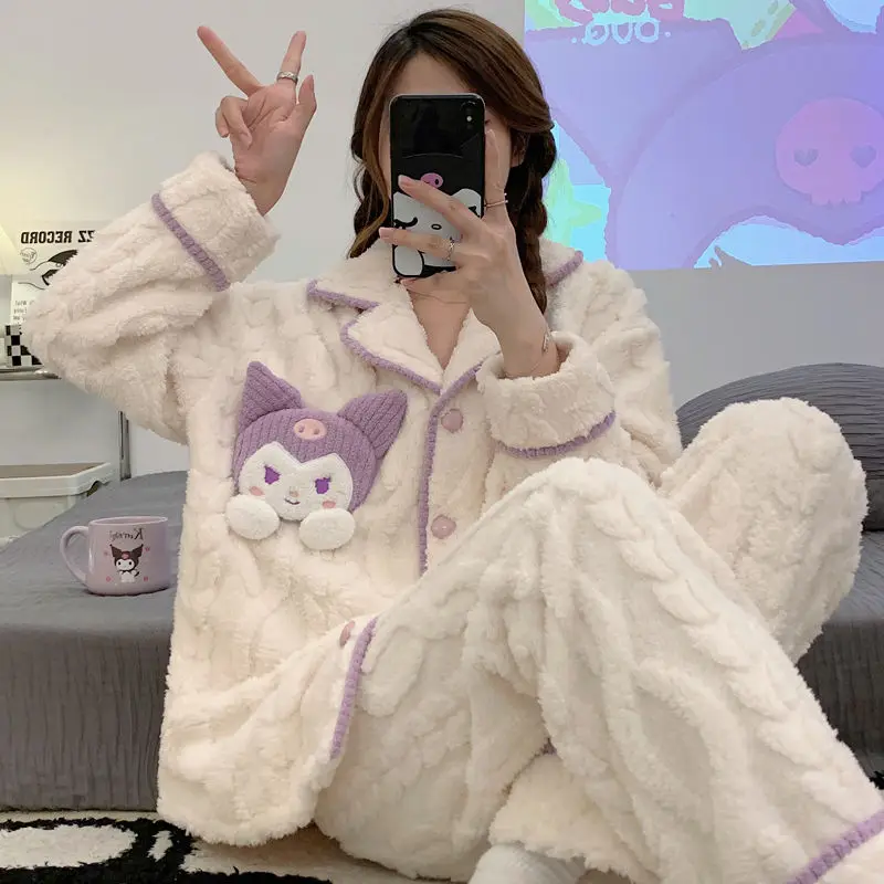 

Winter Sanrios Pajama Sets Kawaii Kuromi Sleep Tops Coral Fleece Warm Pajamas for Women Cute Casual Loungewear White