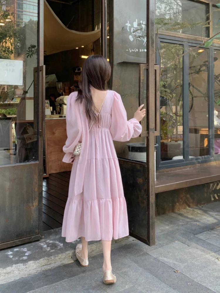 Elegant Autumn Midi Dresses for Women V-neck Flare Sleeves A-line Solid Korean Fashion Casual French Vintage Vestidos Mujer New