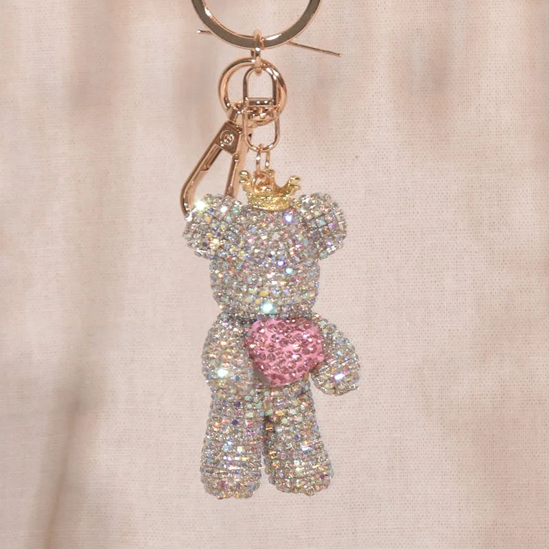 Hochwertiger Strass-Tier-Schlüsselanhänger, Lederband, Pflegebär-Anhänger, ausgefallener Strass-Bär, Tier-Schlüsselanhänger, Taschenanhänger – Detail 4