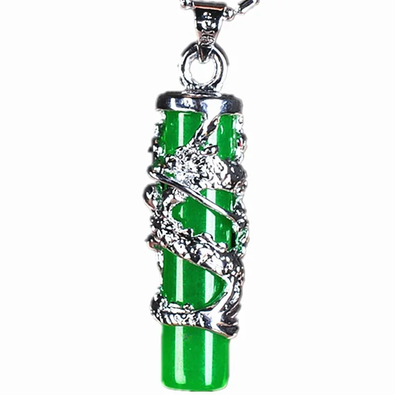 Natural Green Jade Dragon Pillar Pendant 925 Silver Necklace Carved Charm Jewelry Fashion Accessories Amulet for Men Women Gifts