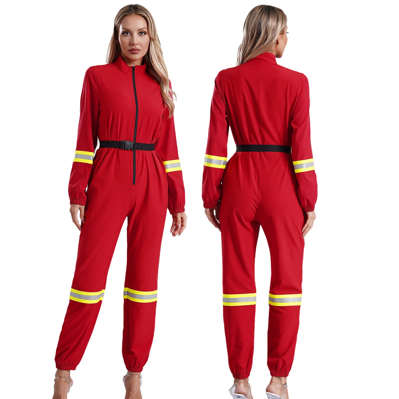 Halloween Firefighter Cosplay Costume for Adult Women Carnival Party Fireman Uniform Long Sleeve Zipper Jumpsuit with Belt