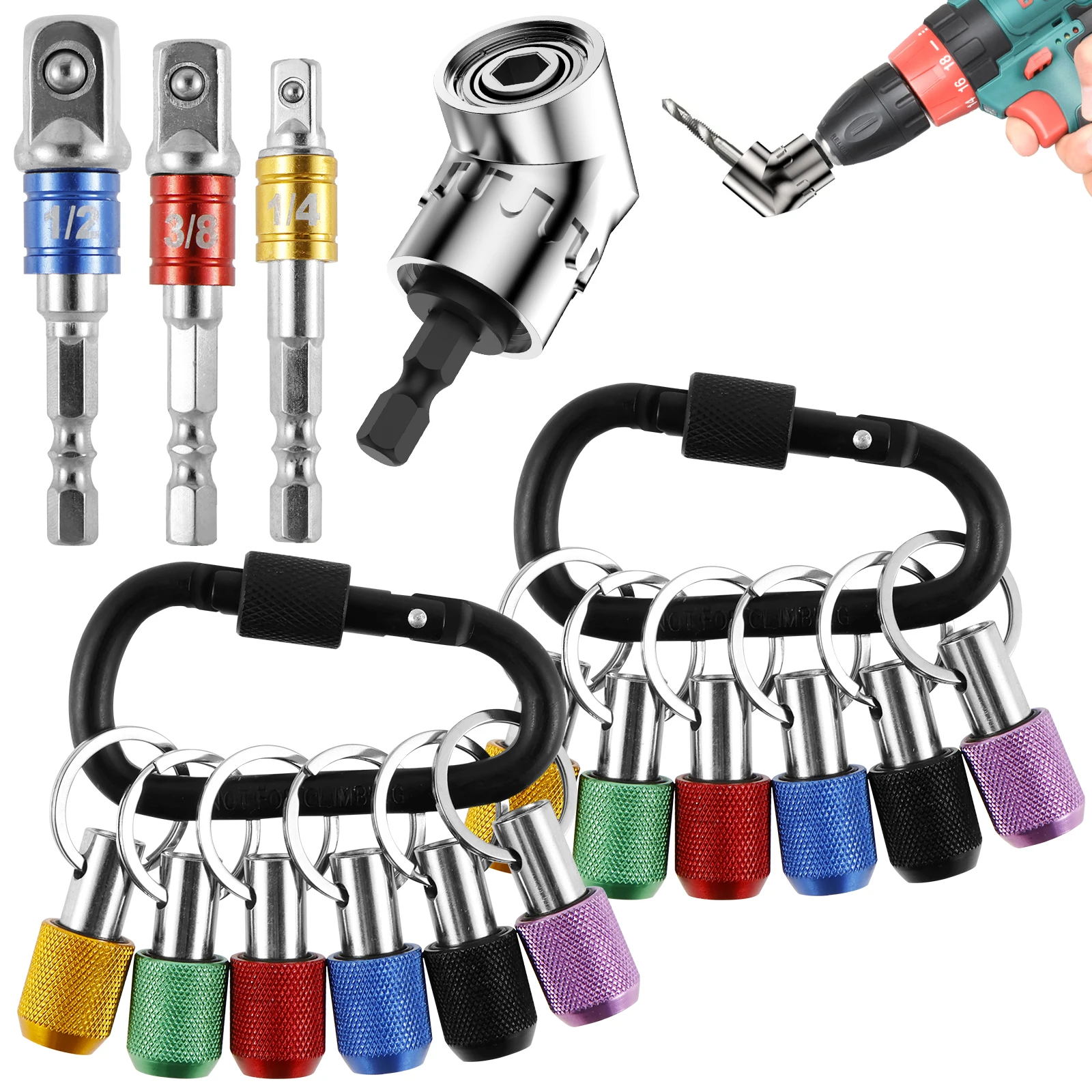 

12Pcs 1/4 Inch Hex Shank Screwdriver Bit Holder Universal Bit Holder Keychain with 105° Right Angle Drill Attachment 1/4inch