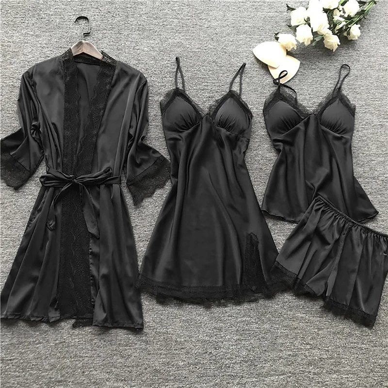 4PCS/Set Women's Pajamas Lace Set Sexy V-Neck Sleepwear Comfortable Night Dress Nightwear Spring Nightdress Fashion Home Clothes