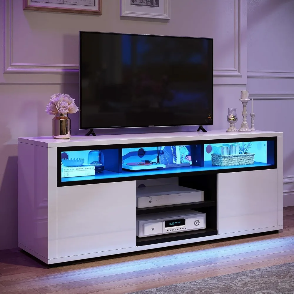 

YITAHOME Modern LED TV Stand for 55 Inch TV, Entertainment Center with 2 Storage Cabinet, 5 Open Shelves, High Glossy Wood TV