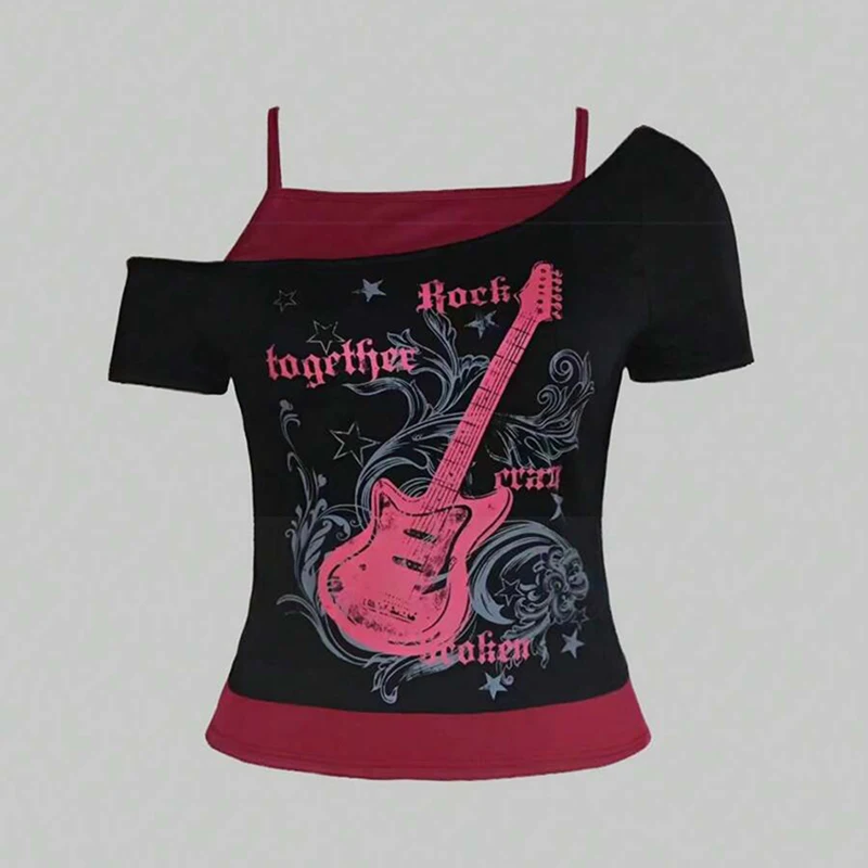 Y2k Slim Fit Print Tops Women Off Shoulder Short Sleeve Tee Shirt Neploe American Vintage Fake Two Piece Halter Lace Up T-shirts 4