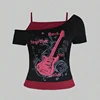 Y2k Slim Fit Print Tops Women Off Shoulder Short Sleeve Tee Shirt Neploe American Vintage Fake Two Piece Halter Lace Up T-shirts 4