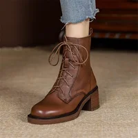2025 Winter Genuine Leather Women Boots Round Toe Thick Heel Lace Up Fashion Ankle Boots Retro Boots  Platform Shoes Heels Grown