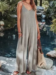 2023 Summer New Jumpsuits for Women Solid Color V Neck Loose Wide Leg Pants Sets One Pieces Women Clothing Jumpsuits Streetwear