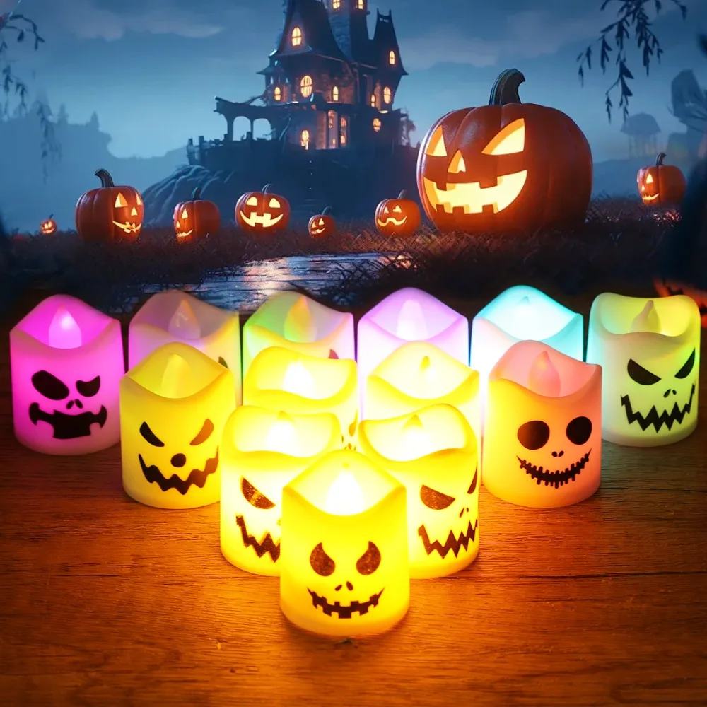 12/6PCS Halloween LED Electronic Candles Spooky Flameless Battery Operated Night Lights Halloween Wedding Party Decoration Light