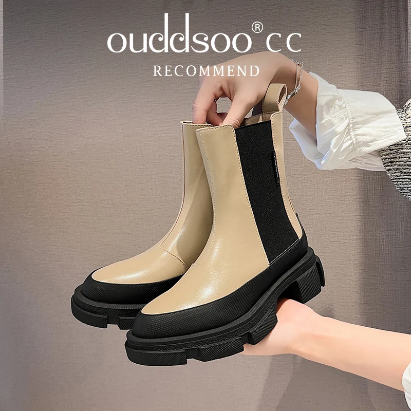 

ODS Brand Women Genuine Leather Thick High Heels Ankle Boots Punk Platforms Warm Autumn Winter Party Shoes Woman Short Big 41-43