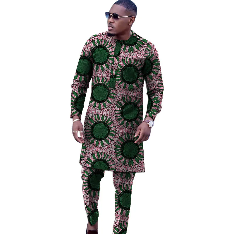 African Print Simple Style Men's Groom Suit Male Nigerian Fashion Full Sleeves Pant Sets Wedding Party Outfits