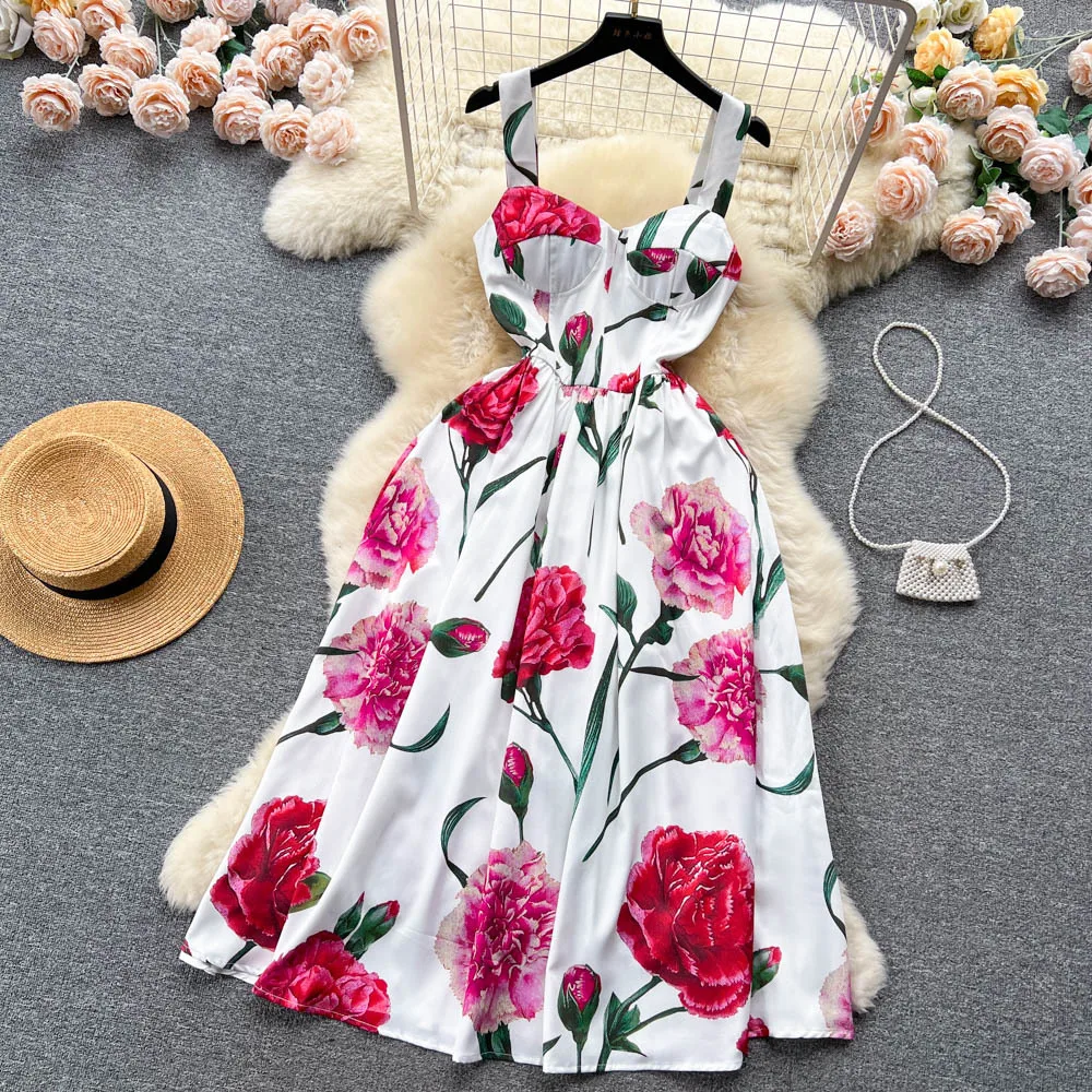 Fashion Designer Summer Midi Dress Women Sexy Spaghetti Strap Flower Print Vacation Party Elegant Purple Floral Dresses Vintage