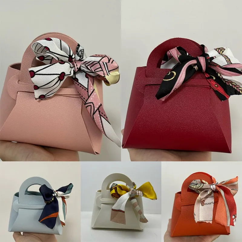 25PCS Pink Leather Gift Bags Bow Ribbon Packaging Bag Wedding Favour  Distributions Bags Eid Candy Packaging Box Mini Handbag