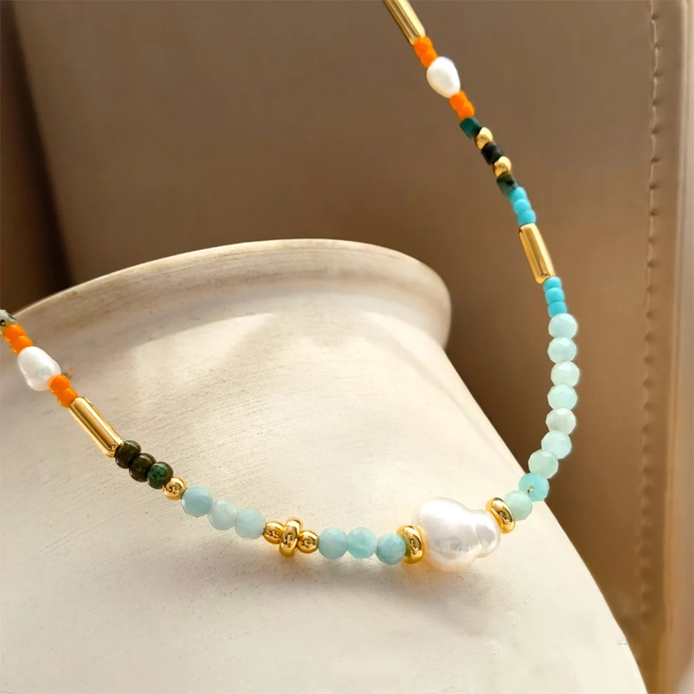 Vintage Temperament Natural stone cultured pearl Necklace for women's girl gift  Jewelry women accessories