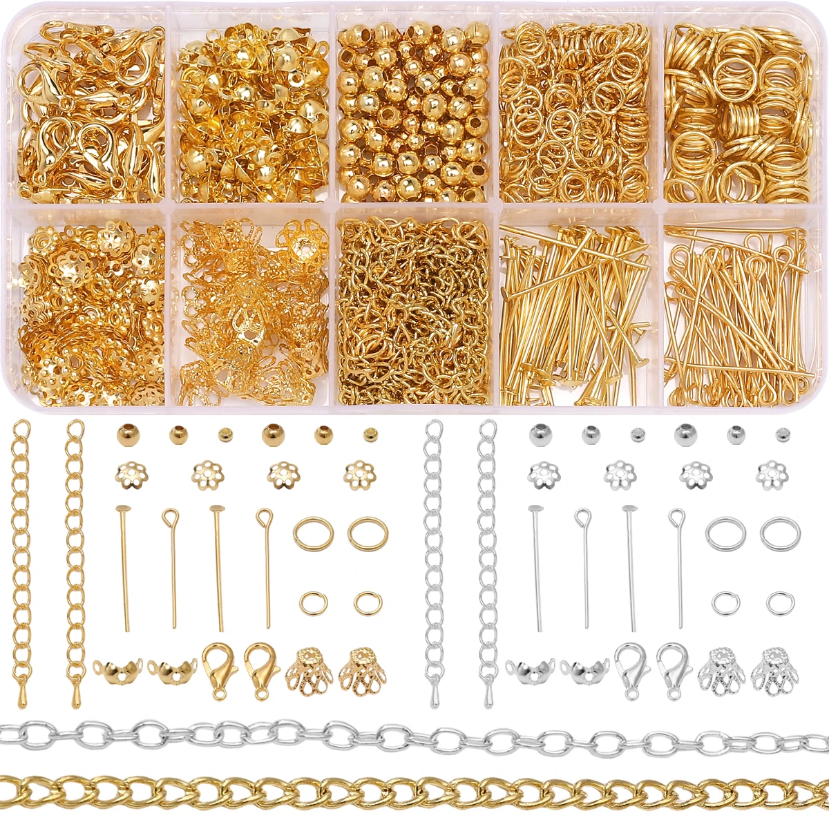 Bestseller 10-Gitter Legierungs-Stahl-Ketten-Kit - Juwelenerstellungsmaterialien für Armbänder, Ohrring-Accessoires - Ca. 820 Stk. – Detail 6