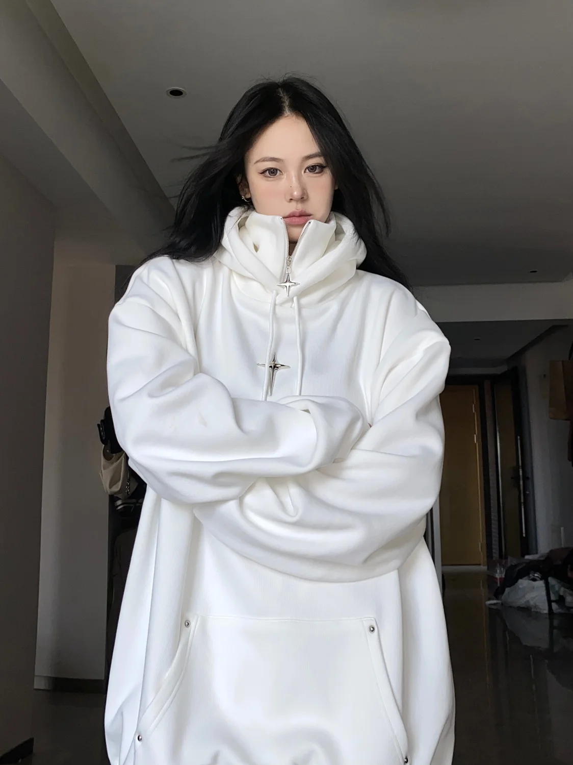 QWEEK Streetwear Black Hooded Female Sweatshirts Oversized