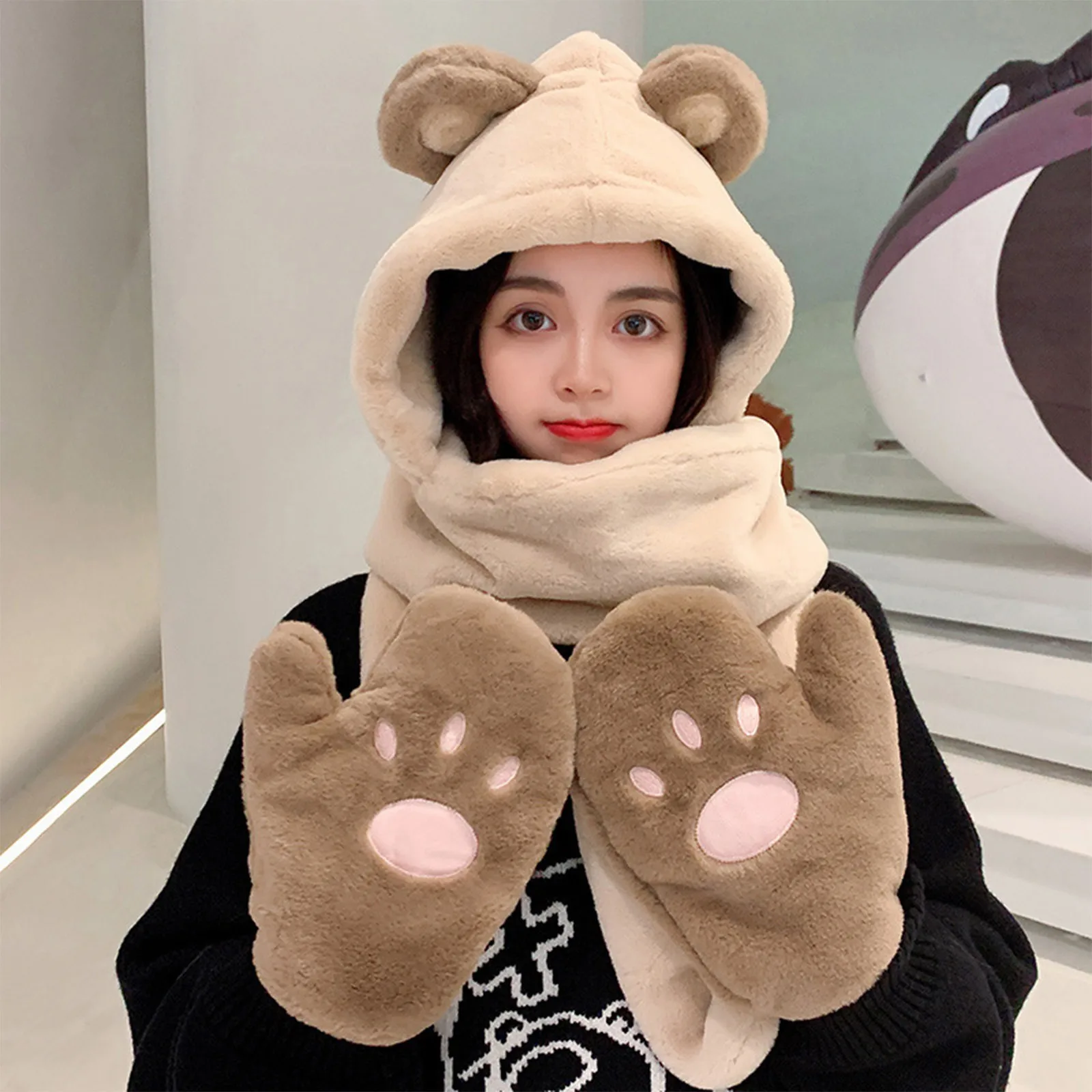 

Fashion Winter Women Novelty Beanies Scarf Warm Cute Bear Ear Hat Casual Plush Hat Scarf Set Casual Solid Women Caps Present