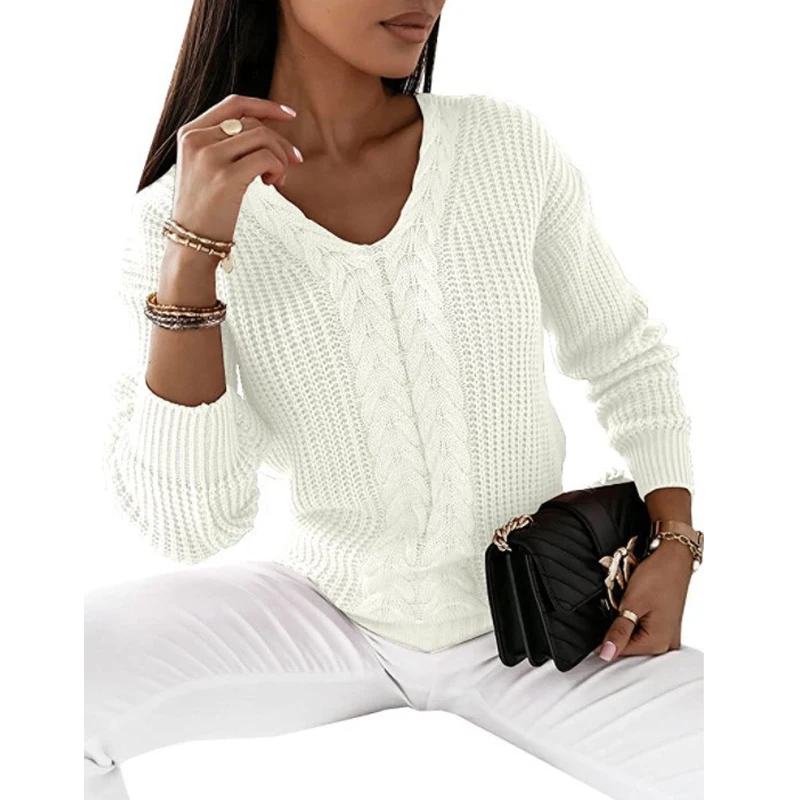 2023 Autumn Winter Women Trendy Streetwear V-neck Solid Twists Knitted Sweaters Female Casual Long Sleeve Pullover Tops Jumpers