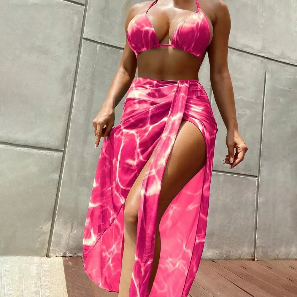 

Beach Vacation Attire Tie-dye Lace-up Halter Neck Swimsuit Set for Women High Waist Bikini with Color Matching Design Summer