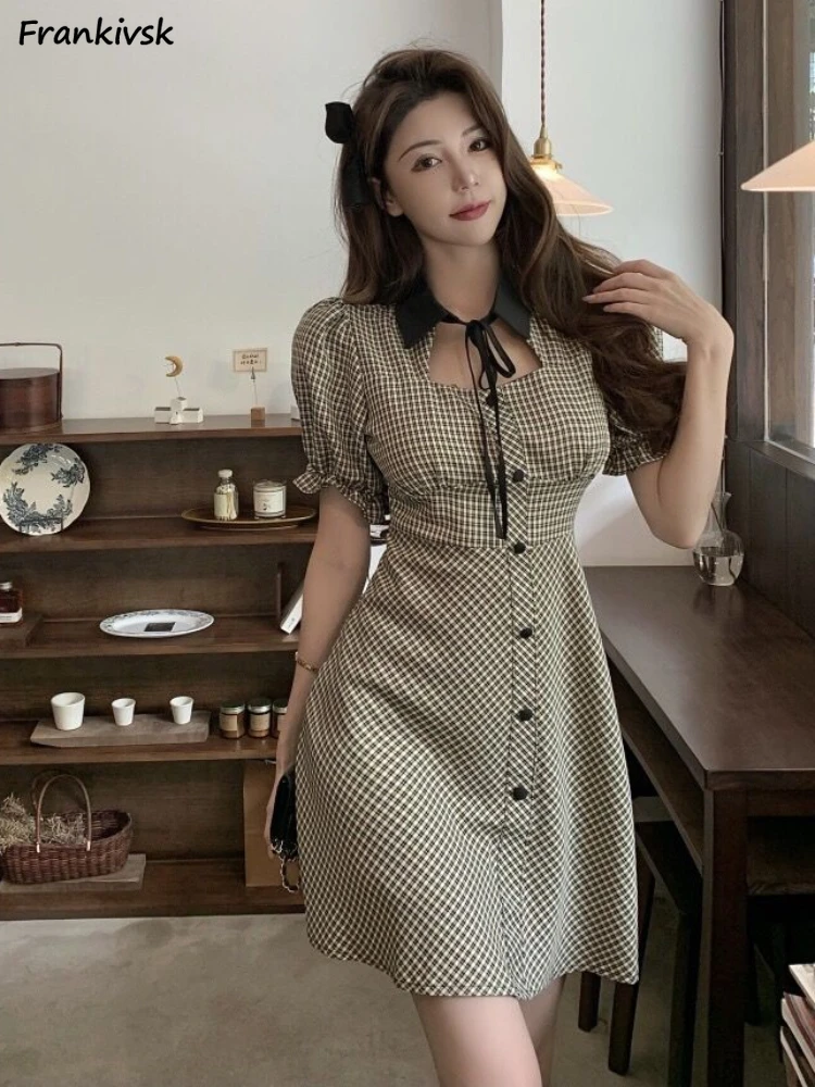 

Dresses Women Summer Short Sleeve Plaid French Style Vintage Shinny Simple Daily All-match Mini Streetwear Casual Students Cozy