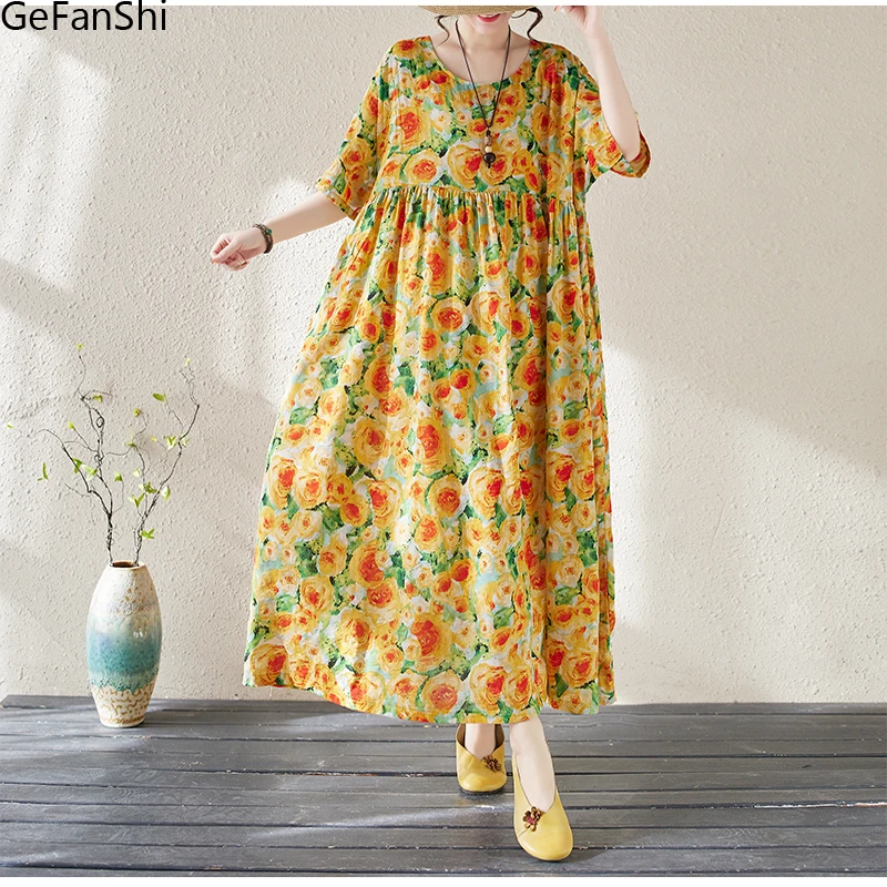 

2024 Bohemian Summer Short Sleeve O-neck Print Holiday Dresses Women Fashion Loose Casual Dress Robe Elegant Ladies Clothing