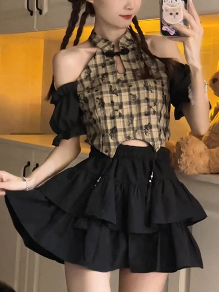 

Summer France Vintage Two Piece Set Women Y2k Sweet Black Mini Skirt Suit Female Plaid Japanese Kawaii Cake Skirt Suit 2023 New