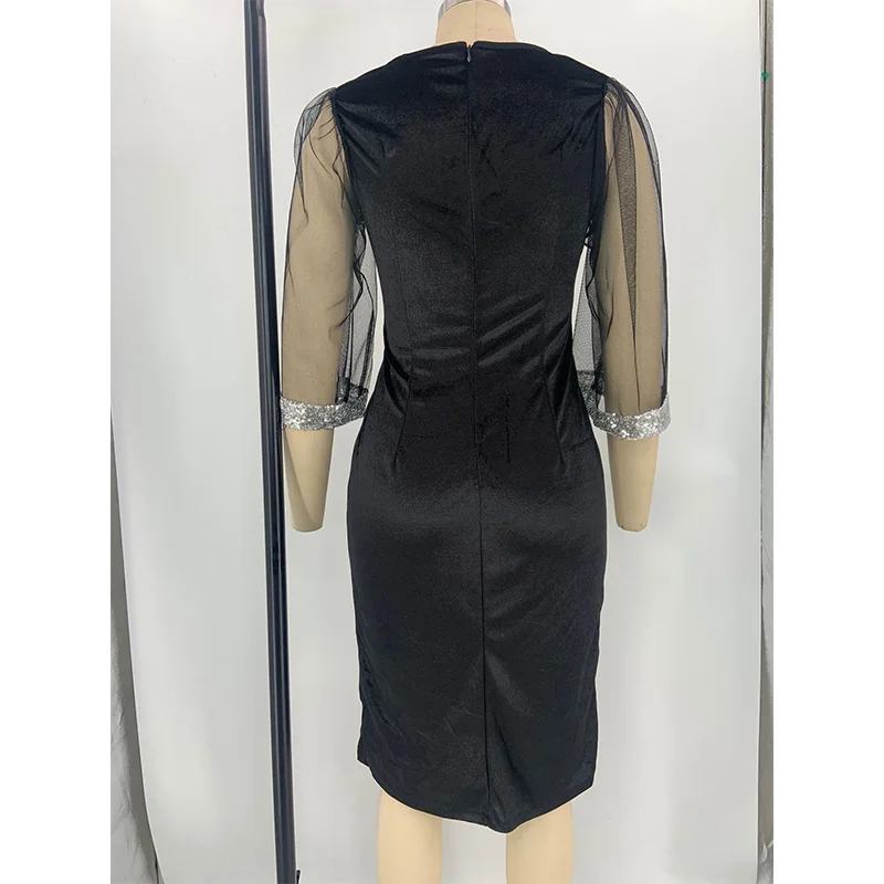 Evening Party Lace Patchwork Pencil Skirt Elegant V-Neck Higt Waist Half Sleeve Zipper Dense Velour Plus Size Knee-Length Dress