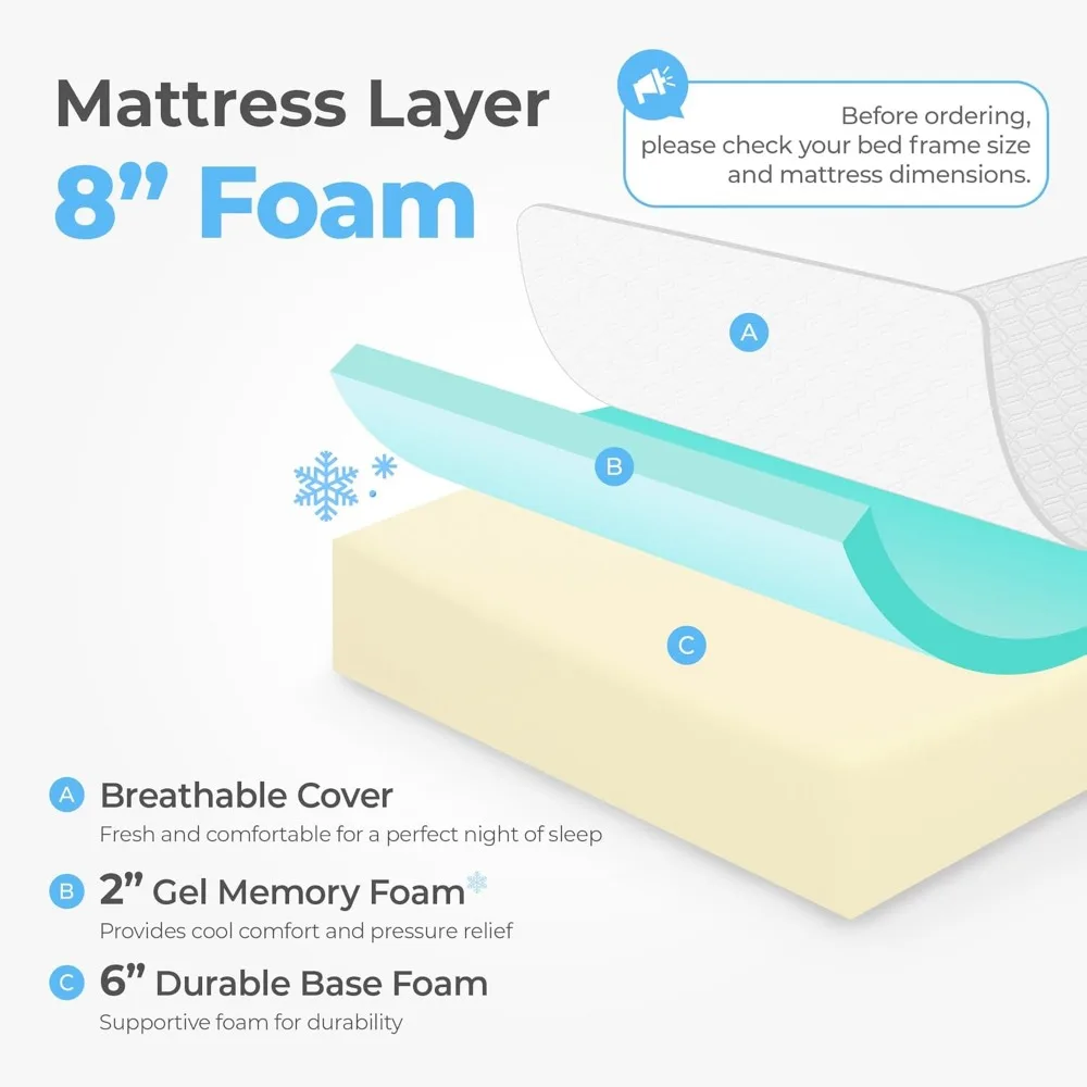 8 Inch Cooling Gel Memory Foam Mattress Medium Firm,Mattress in Box Enhanced Pressure Relief Removable Soft Cover No Fiberglass 3