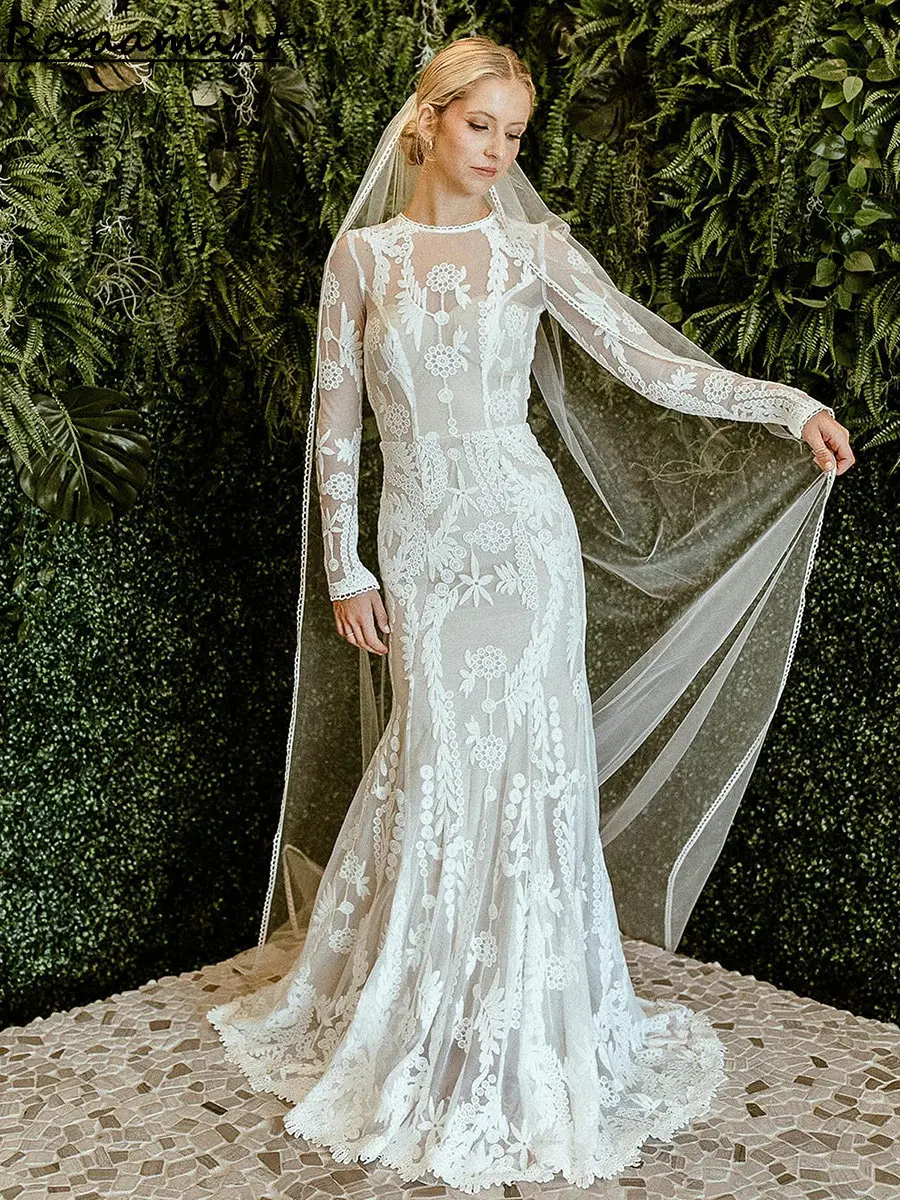 

Bohemian O-Neck Appliques Lace Mermaid Wedding Dresses Long Sleeve Open Back Boho Country Bridal Gowns