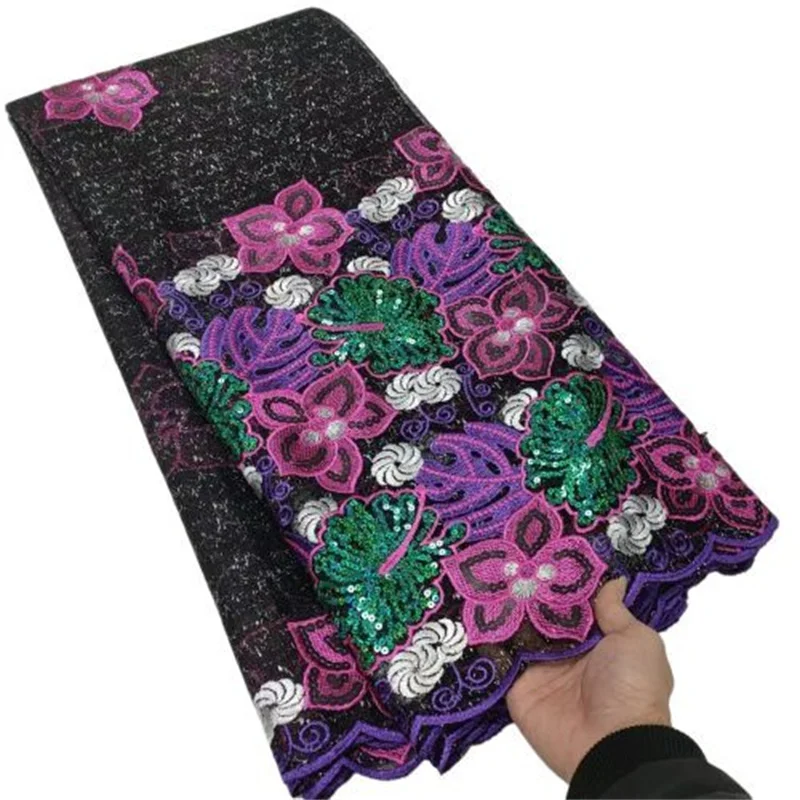 

Black 5 Yards Newest African Flocking Lace Neat Embroidered French Tulle Lace Net Mesh Fabric with Sequins Multicolor