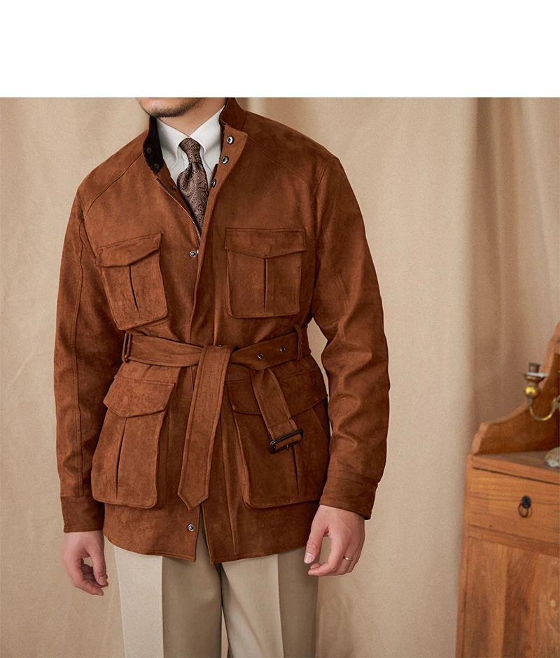 Gentry High-Style Wildleder-Jagdjacke, Gürtel, mehrere Taschen, warme, schmal geschnittene Freizeitjacke für Herren – Detail 27
