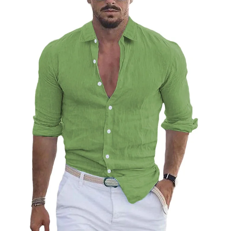 

new men's summer cotton and linen lapel beach shirt long sleeve solid color Hawaiian holiday wear