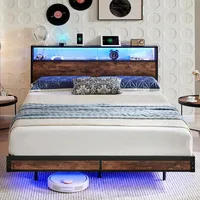 Bed Fram, Queen Size Bed Frame with 2-Tier Storage Headboard, Metal Industrial Style Platform Bed Frame with Charging Station 1