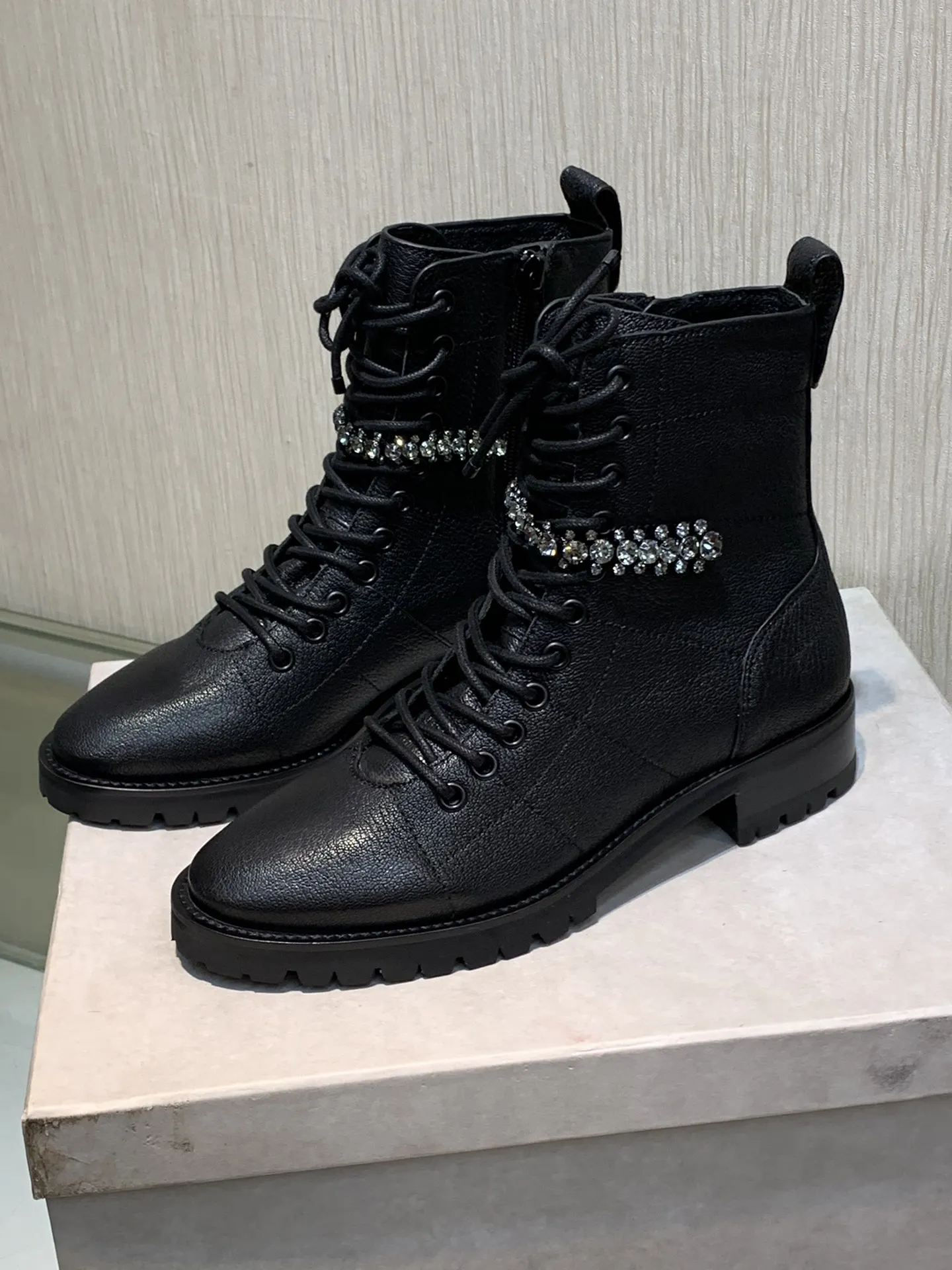 

Women's Shoes Cruz Combat Ankle Boots Black Genuine Real Leather Rhinestone Logo Brand Vipol 9992309081936