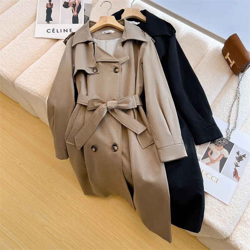 

Spring Autumn Double-breasted Mid-Length Women Windbreaker With Belt Khaki Black Casual Lapel Long Sleeve Trench Coat Female New