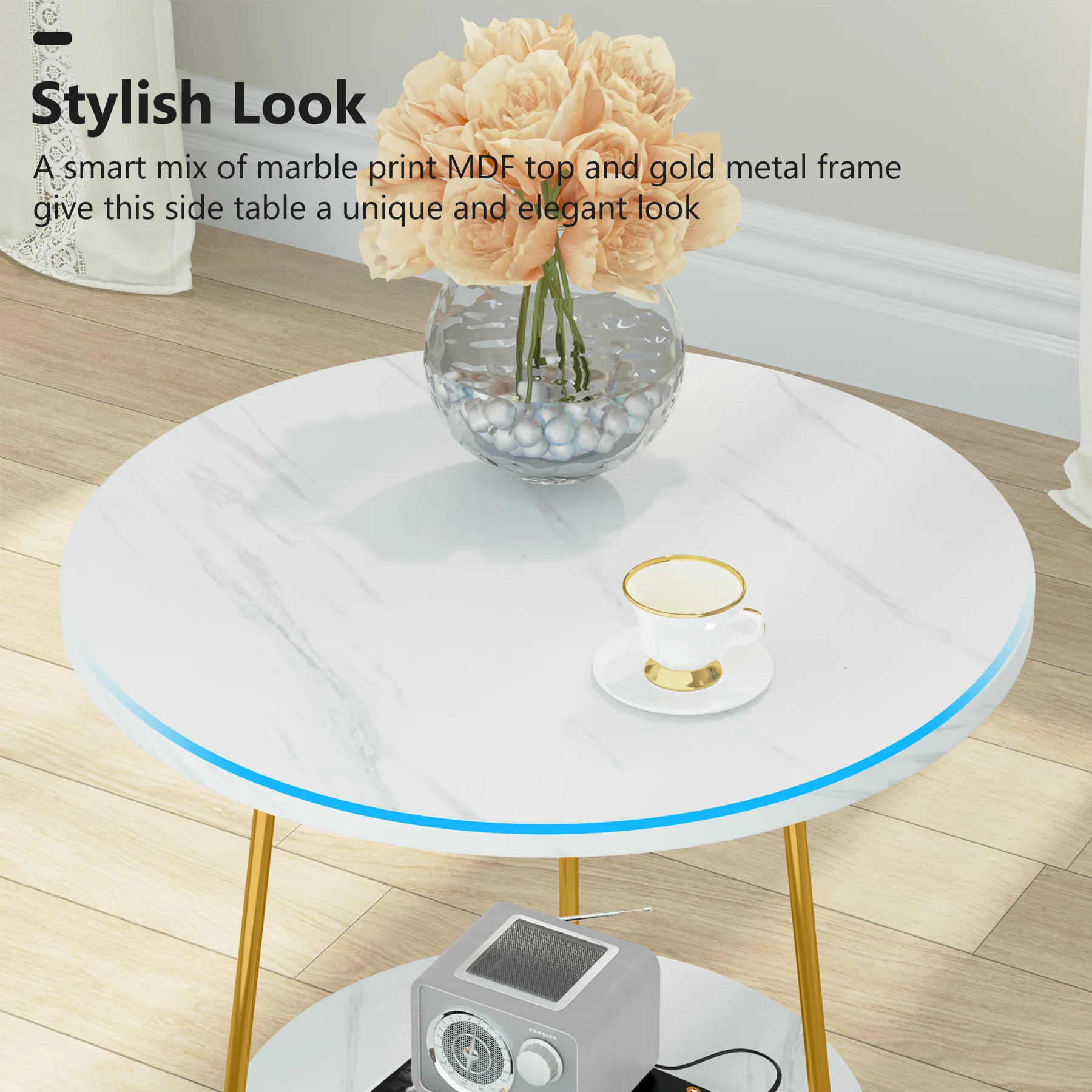 Tribesigns Faux Marble End Table 2 Tier Round Side Table with Shelves Modern Nightstand Bedside Table Small Coffee Side Table C Shaped End Table For Couch Bed Tv Tray For Eating On Couch Small End Tables Small Spaces Easy Assembly